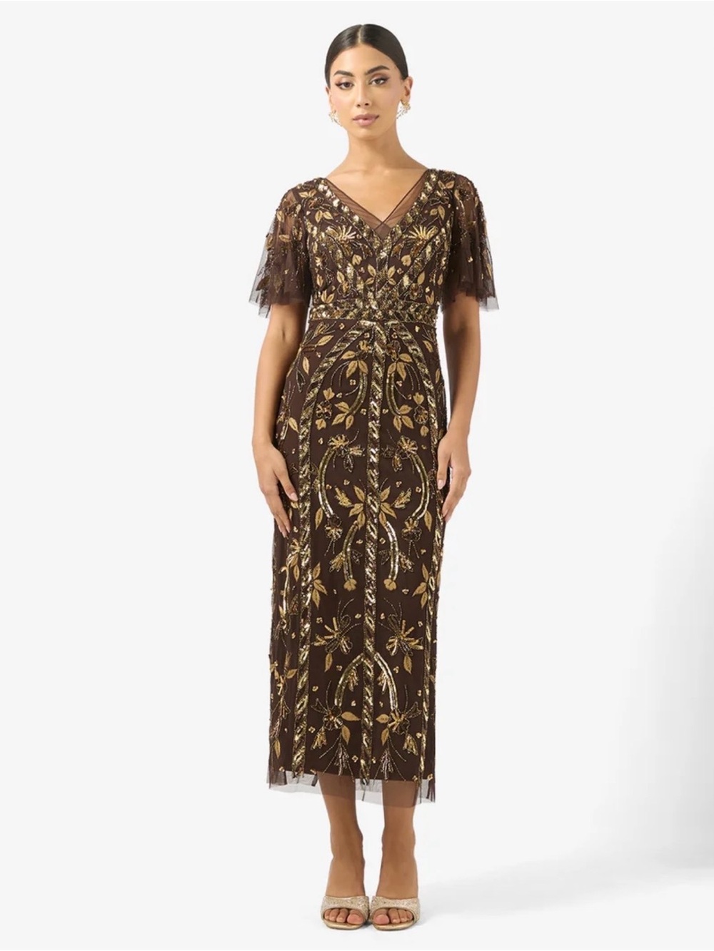Adrianna Papell Brown & Gold Embroidered V-Neck Midi Dress(40%OFF)